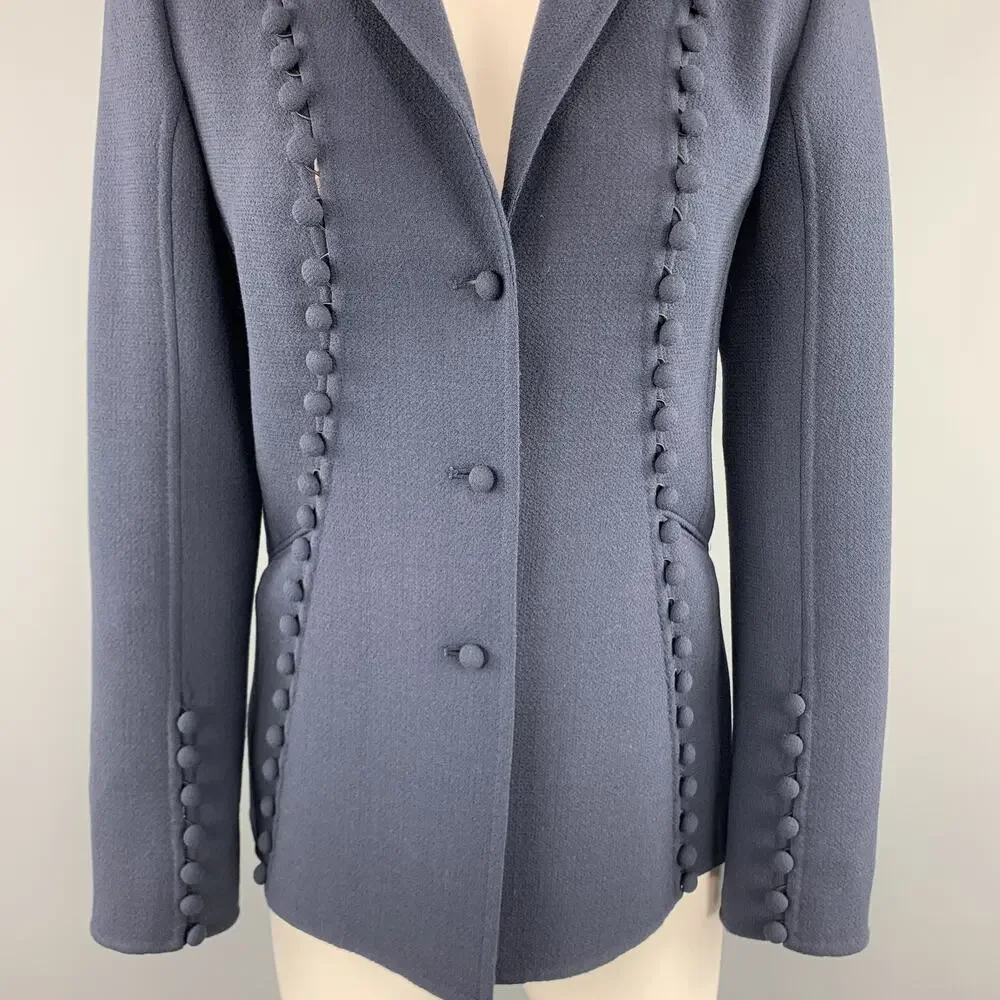 CHADO RALPH RUCCI Size 2 Navy Crepe Wool Button Trim Notch Lapel Jacket - Picture 3 of 10